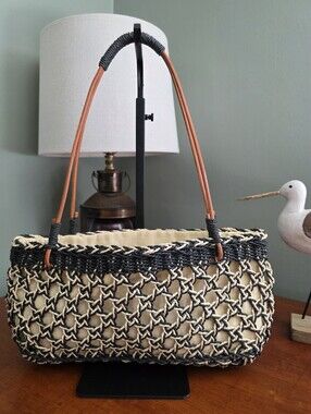 Vintage Pandamerica Woven Straw Market Tote Drawstring Lined Shoulder Bag